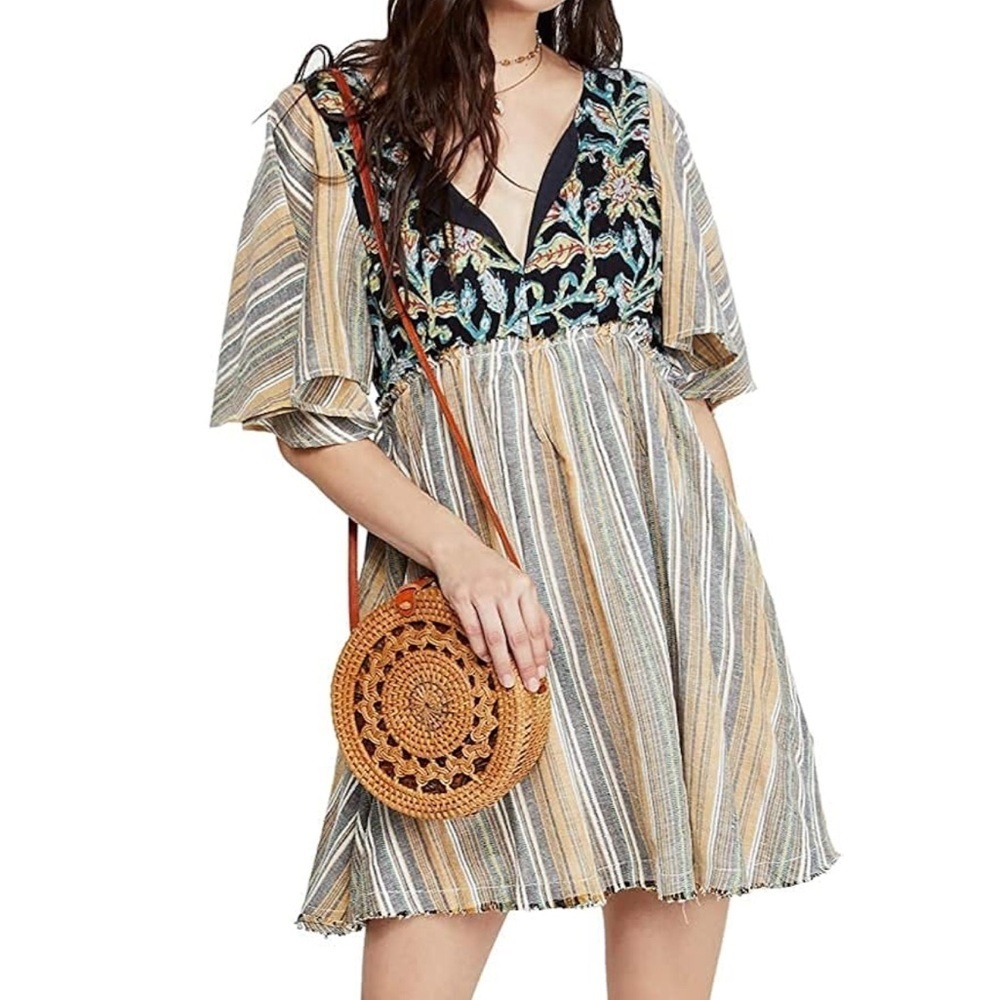 Free People Under the Sun Mini Dress Floral and Striped deep V-Neck and back M